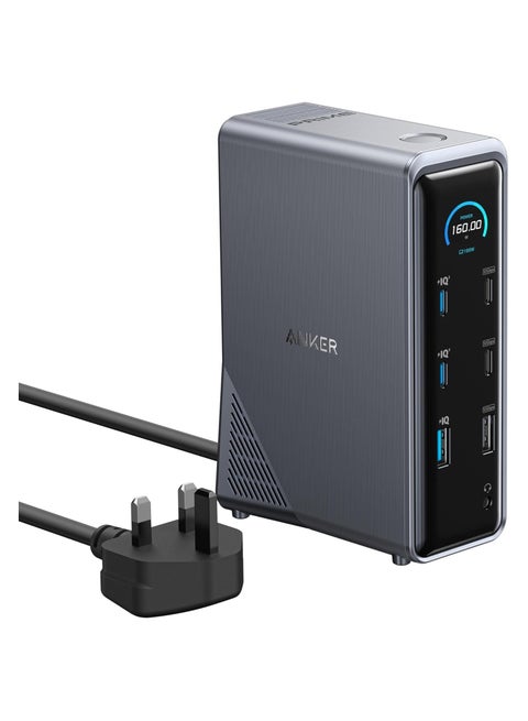 Prime Charging Docking Station, 14-Port with 160W Max Output and Built-In GaN AC-DC Power, 10Gbps Data Transfers, Real-Time Smart Interface, Dual 4K Displays for MacBook, Dell, Phones, and More Grey