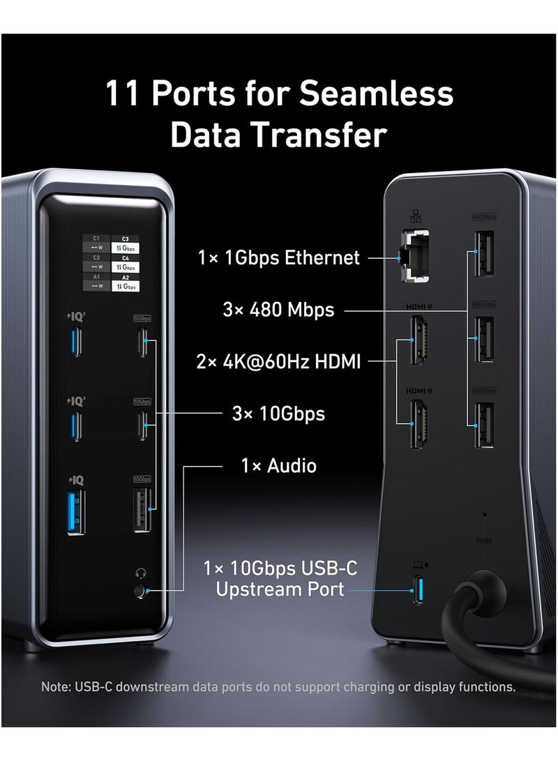 Prime Charging Docking Station, 14-Port with 160W Max Output and Built-In GaN AC-DC Power, 10Gbps Data Transfers, Real-Time Smart Interface, Dual 4K Displays for MacBook, Dell, Phones, and More Grey