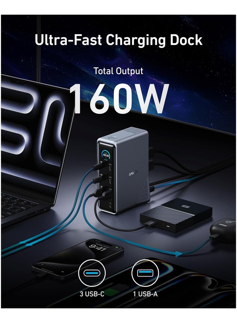 Prime Charging Docking Station, 14-Port with 160W Max Output and Built-In GaN AC-DC Power, 10Gbps Data Transfers, Real-Time Smart Interface, Dual 4K Displays for MacBook, Dell, Phones, and More Grey