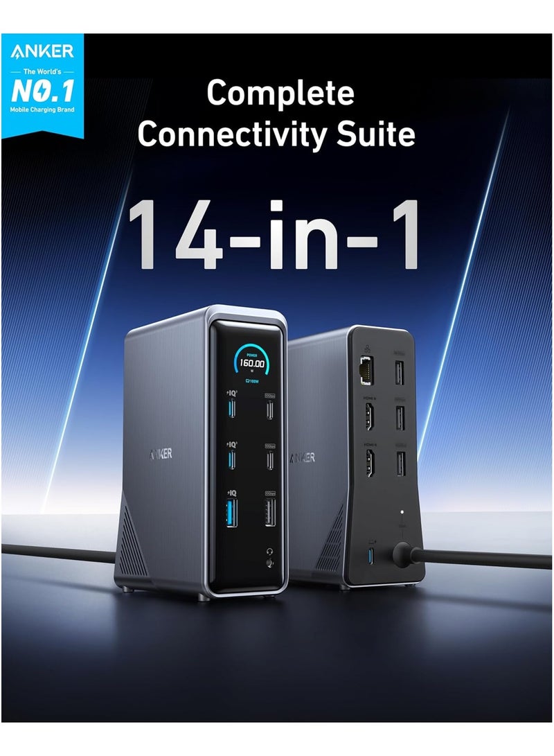 Prime Charging Docking Station, 14-Port with 160W Max Output and Built-In GaN AC-DC Power, 10Gbps Data Transfers, Real-Time Smart Interface, Dual 4K Displays for MacBook, Dell, Phones, and More Grey