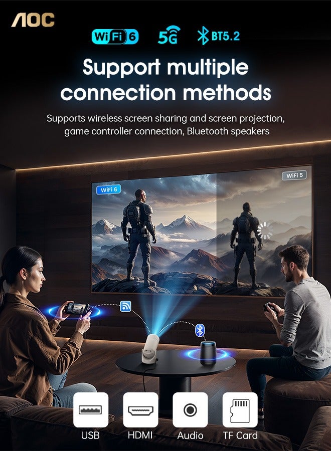 AOC - Mini Portable Projetor 4K Support ,720P Full HD  Home Theater Projector，Wi-Fi 6 supports 2.4GHz and 5GHz networks,USB,HDMI, 180°Rotatable Telephone Projector,built-in 3W HiFi speakers,(with Remote Control） Projector White - Image 1