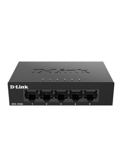 DGS-105GL 5-Port Gigabit Ethernet Switch, Unmanaged, 10 Gbps Switching Capacity, Metal Housing, Fanless, Energy-Efficient with 802.3az Support, Jumbo Frame, 2K MAC Address, 8 QoS Queues per Port, Desktop Form Factor Black