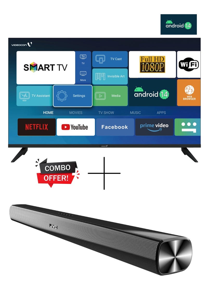 VIDEOCON 40 Inch Edgeless Android 14 Full HD Smart TV with JVC 2.0CH Soundbar combo E40EL1100+TH-N322 Black  - Image 1