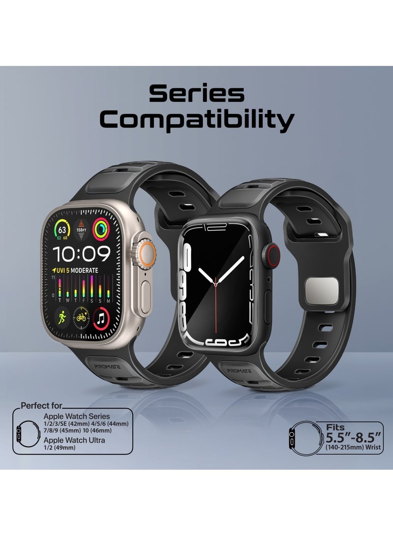 بروميت Dual-Colour Apple Watch Band with Dust-Proof UV Treated Surface, Rust-Resistant Stainless-Steel Buckle, Durable Silicone Construction, Stylish Sporty Design for All Sizes and Series Compatibility, SiliBand-DC Black - Image 5