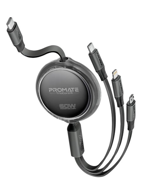 3-In-1 Universal USB-C Retractable Cable with Three Outputs: PD60W USB-C, PD27W Lightning, And 10W Micro-USB, 480Mbps USB-C Data Transfer, Transparent Circular Case, Nickel-Plated Connectors, TrioCord-R Black