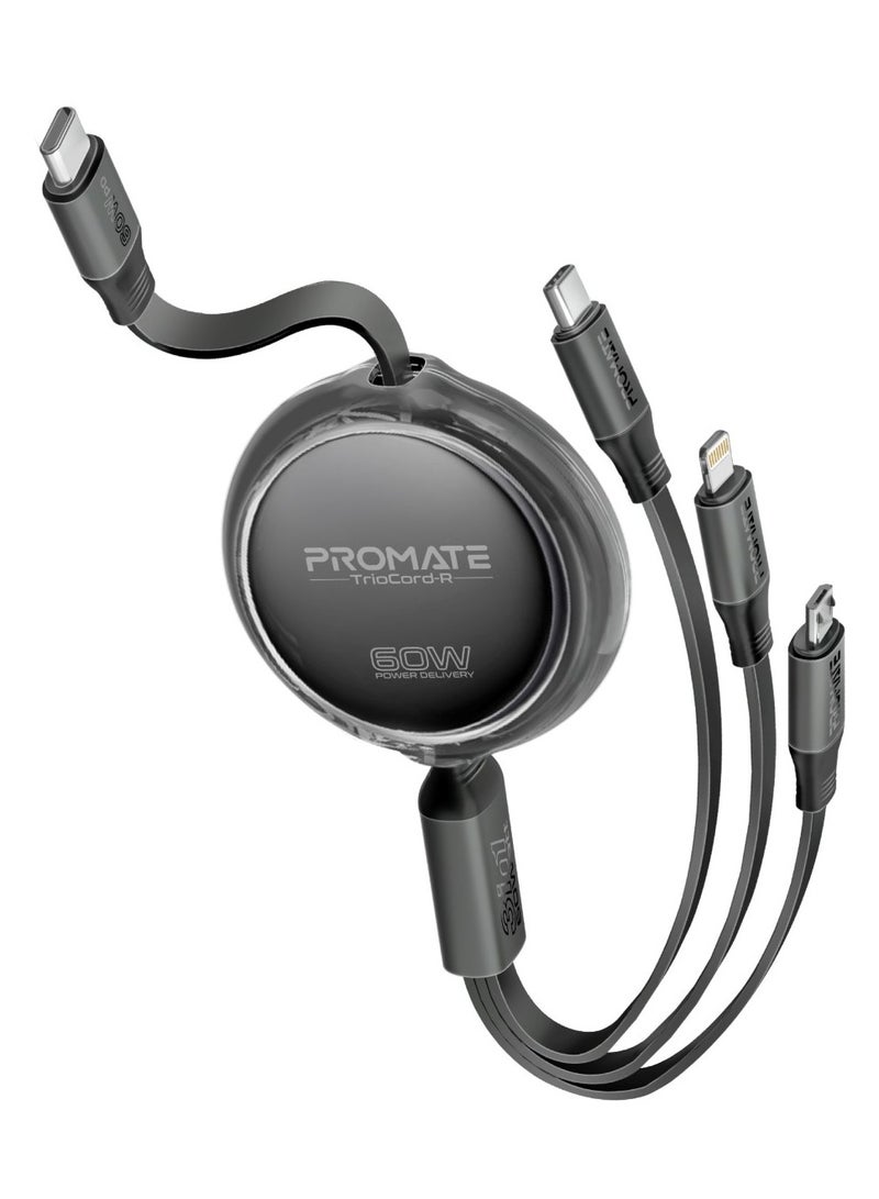 PROMATE - 3-In-1 Universal USB-C Retractable Cable with Three Outputs: PD60W USB-C, PD27W Lightning, And 10W Micro-USB, 480Mbps USB-C Data Transfer, Transparent Circular Case, Nickel-Plated Connectors, TrioCord-R Black - Image 1