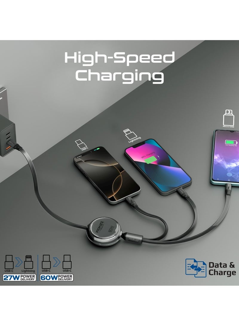 PROMATE - 3-In-1 Universal USB-C Retractable Cable with Three Outputs: PD60W USB-C, PD27W Lightning, And 10W Micro-USB, 480Mbps USB-C Data Transfer, Transparent Circular Case, Nickel-Plated Connectors, TrioCord-R Black - Image 1