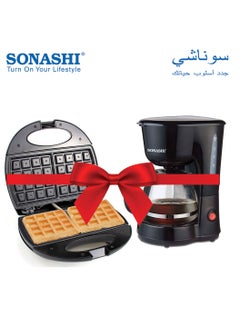 سوناشي 2-Slice Non-Stick Waffle Maker With Drip Coffee Maker Bundle 750 W SWM-873 + SCM-4920 Black  - Image 1