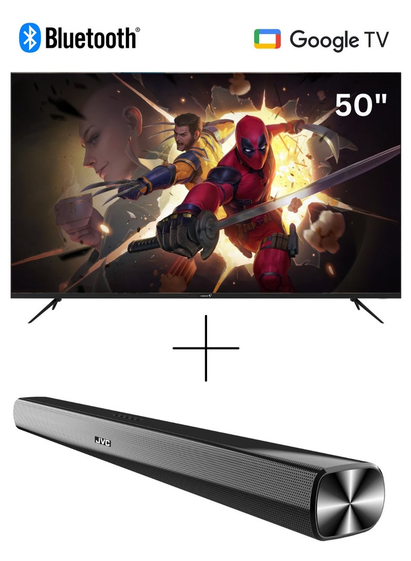 50 Inch Edgeless 4K UHD Official Google Smart TV with JVC 2.0CH Soundbar - E50ELGT1100+TH-N322B Black - pnsku/N70142456V/45/_/1736766073/bc753fd5-f92f-4df0-b5c6-33b77da2e901