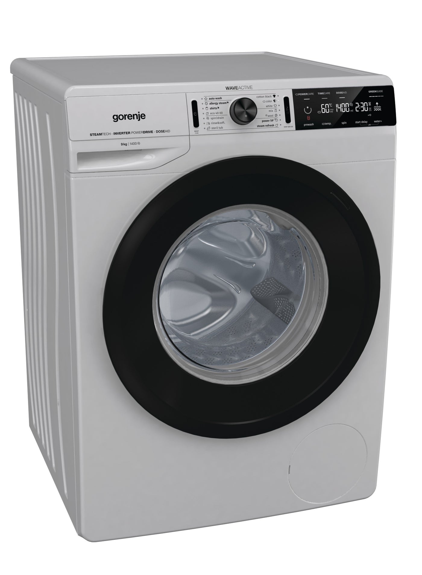 Washing Machine- 60 cm- 9 KG-Spin Speed 1,400 Rpm-Inverter PowerDrive Motor- SteamTech 64 L 2000 W WA946AS Metallic Gray