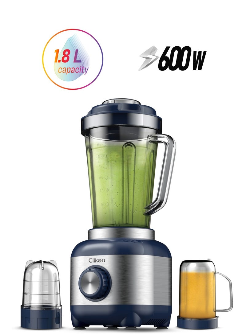 كليكون 3-In-1 Juicer Blender Chopper Set 1.8 L , 600W Powerful Motor With 2 Speed Setting And Pulse, Automatic Overload & Overheating Cut off With Stainless Steel Blade 1.8 L 600 W CK2684 Blue/Silver  - Image 1