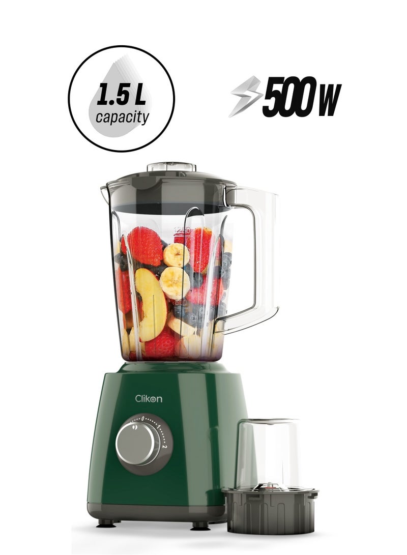 2-In-1 Juicer Blender Chopper Set 1.5 L , 500W Powerful Motor With 2 Speed Setting And Pulse,Over load cut-off, Stainless Steel Blade, 50g Wet & Dry Grinder Jar 1.5 L 500 W CK2681 Green