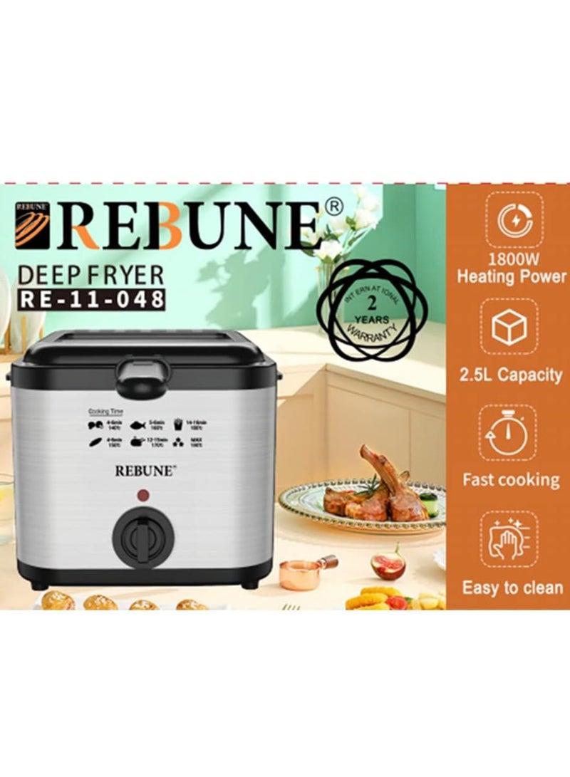 REBUNE 1800W Electric Deep Fryer 2.5L Visual Skylight Quick Cooking Oil Saving Home Use 2.5 L 1800 W RE-11-048 1800W Electric Deep Fryer Black and Silver - Image 2