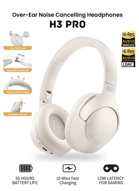H3 PRO Over Ear Headphones Adaptive ANC, Wired & Wireless Connectivity, 50dB Active Noise Cancellation with Multiple Modes, LDAC Hi-Res Wireless Audio, 55H Playtime, Custom EQ via App - White