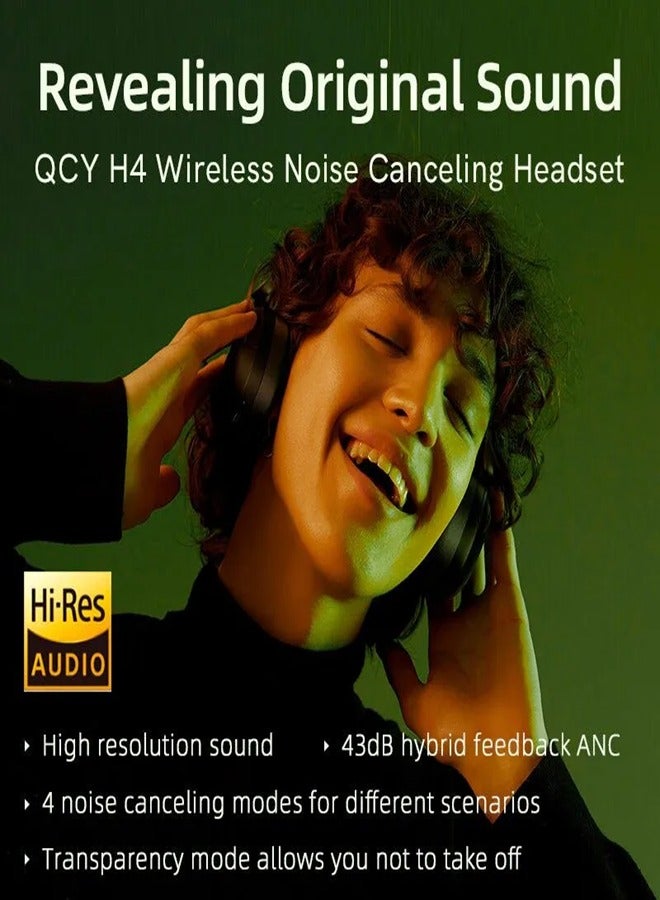 كيو سي واي - H4 Wireless Headphones, Over-Ear Design, Hi-Res Audio, Crystal Clear Call with 43dB Noise Cancellation, Bass Mode, Bluetooth 5.3 Strong Connectivity, 70 Hours Battery Life and Multi Point Connection H4 - Black - Image 1