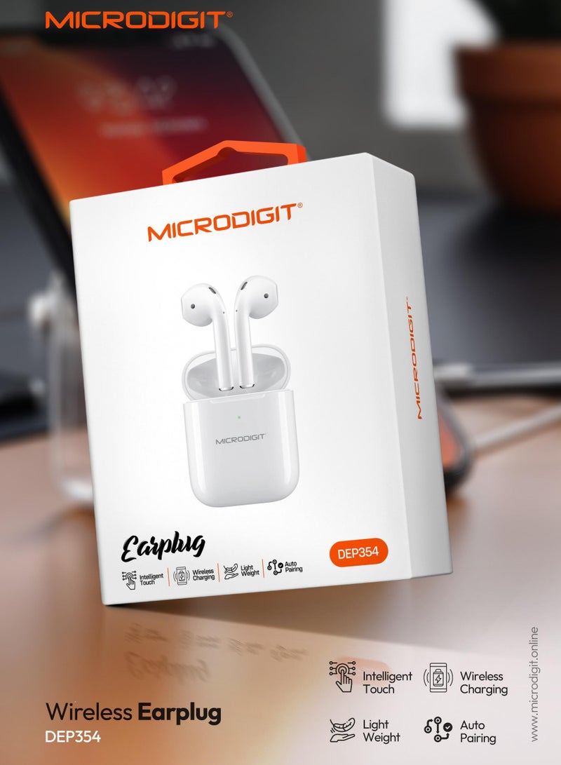 Microdigit - Premium Wireless Earplug  DEP354 With Super long battery life  Exquisite and compact Intelligent touch & Wireless Charging White - Image 1