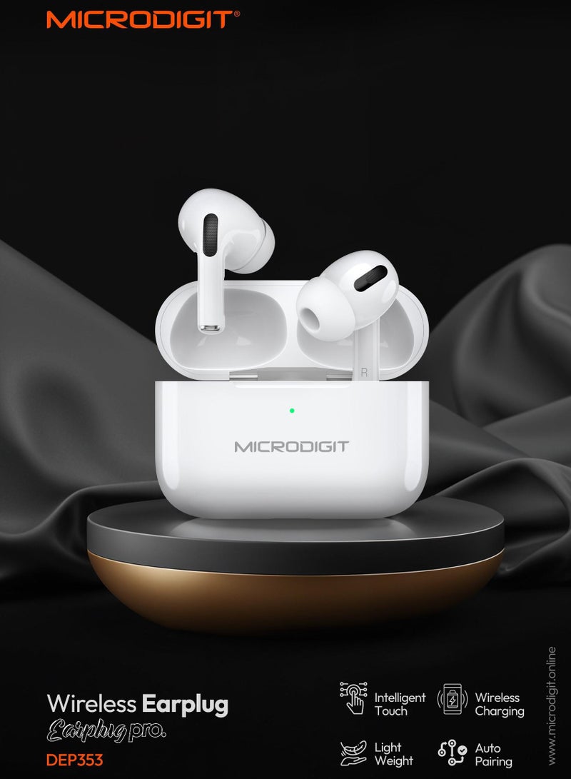 Microdigit Premium Bluetooth Wireless Earphone with Earplug Pro with wireless charging and High Bass Clear Sound White  - Image 2