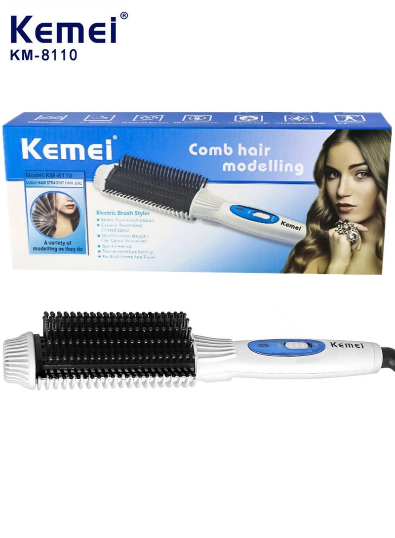 Kemei 2-in-1 Hair Curler and Straightener Brush Dual Voltage 20 Million Negative Ion Hair Care Curling Wand & Titanium Flat Iron white and black  - Image 1