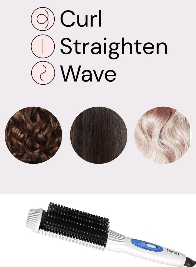 Kemei 2-in-1 Hair Curler and Straightener Brush Dual Voltage 20 Million Negative Ion Hair Care Curling Wand & Titanium Flat Iron white and black  - Image 2
