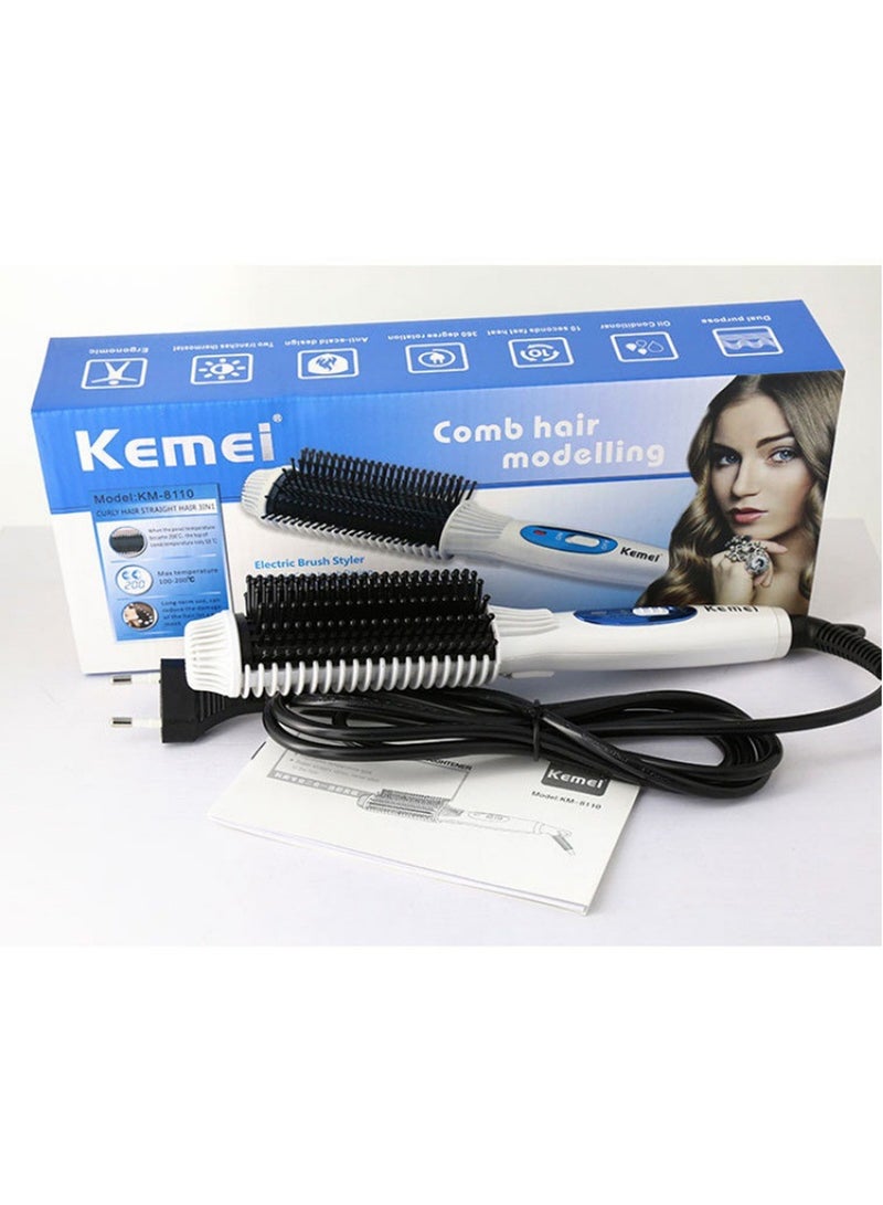 Kemei 2-in-1 Hair Curler and Straightener Brush Dual Voltage 20 Million Negative Ion Hair Care Curling Wand & Titanium Flat Iron white and black  - Image 3