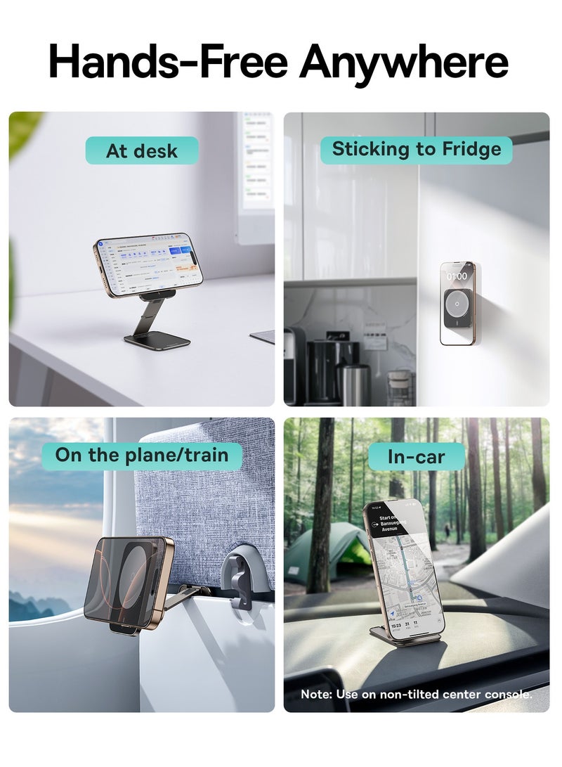 بيسوس Magnetic MagSafe Foldable Phone Holder, 3-Axis Adjustable, Ultra-Thin, Dual-Sided Magnetic Design, Hands-Free Use, Stable & Durable, Universal Cell Phone Holder for iOS, Android, Desktop, Car, Airplane, Train, Kitchen, Refrigerator, Travel, Wall, Desk, Portable Magnetic Phone Stand for iPhone 12-16 Pro, Car Phone Mount Black - Image 3