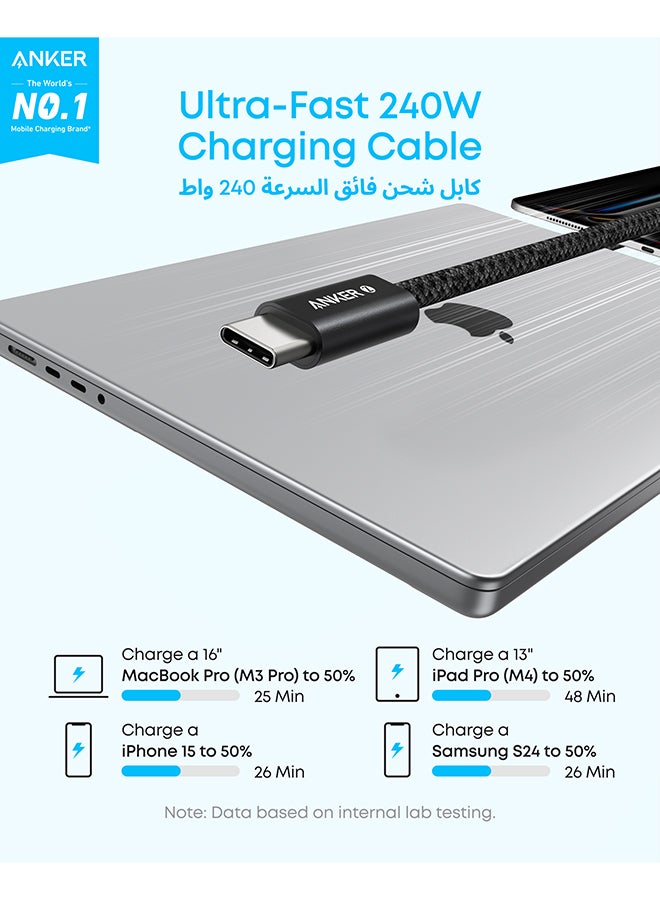 Zolo USB C to USB C Cable, Braided and Dirt-Free Type C Fast Charging Cable, Slim Connector, for iPhone 16 Series, MacBook (240W) (3.3ft) Black