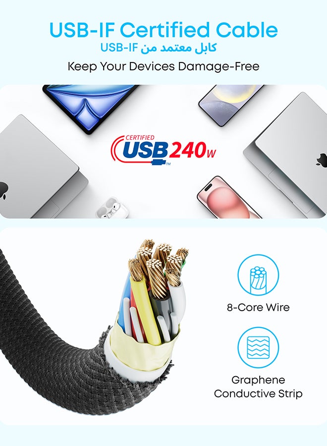 Zolo USB C to USB C Cable, Braided and Dirt-Free Type C Fast Charging Cable, Slim Connector, for iPhone 16 Series, MacBook (240W) (3.3ft) Black