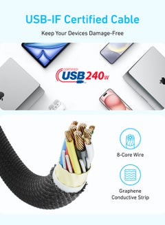 Anker Zolo USB C to USB C Cable, Braided and Dirt-Free Type C Fast Charging Cable, Slim Connector, for iPhone 16 Series, MacBook (240W) (Black, 6ft) Black  - Image 5