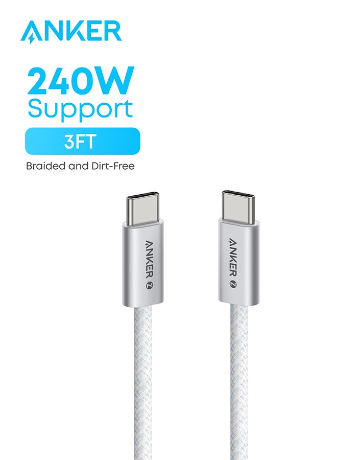 Anker Zolo USB C to USB C Cable, Braided and Dirt-Free Type C Fast Charging Cable, Slim Connector, for iPhone 16 Series, MacBook (240W) (3ft) White  - Image 1