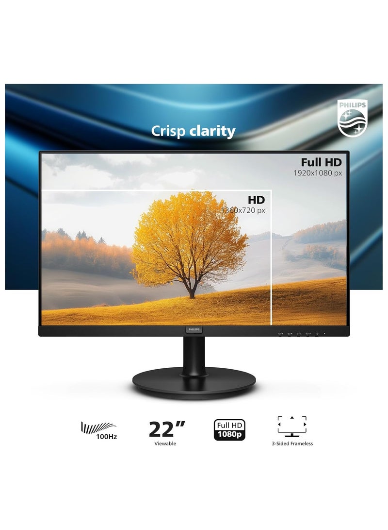 Philips 22" inch V Line LCD Monitor (1920x1080) FHD, VA LED, 4ms Response Time, 120Hz Refresh Rate,HDMI x1, VGA x1, 54.6 cm (21.5 Inch) 221V8LB/89 | Black - Image 2