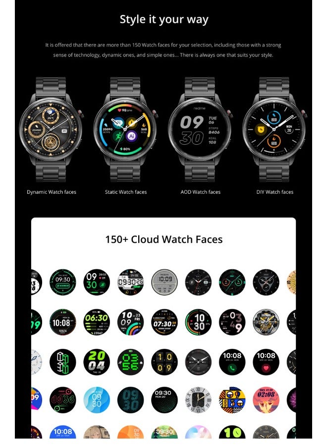 ريل مي 380 mAh New realme Watch S2 SmartWatch 1.43'' AMOLED Display Blood Oxygen Sensor 20 Days Battery Life, Battery Watch Black  - Image 2