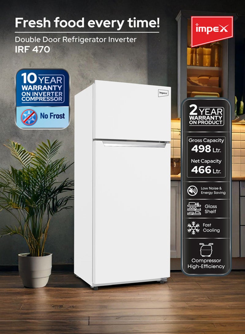 إمبكس ثلاجة إمبيكس ذات البابين بدون صقيع inverter سعة 498 لتر، فريزر سريع التبريد، كفاءة في استهلاك الطاقة وتشغيل هادئ، رف زجاجي، مصباح داخلي 498 ل 150 واط IRF 470 أبيض - Image 2