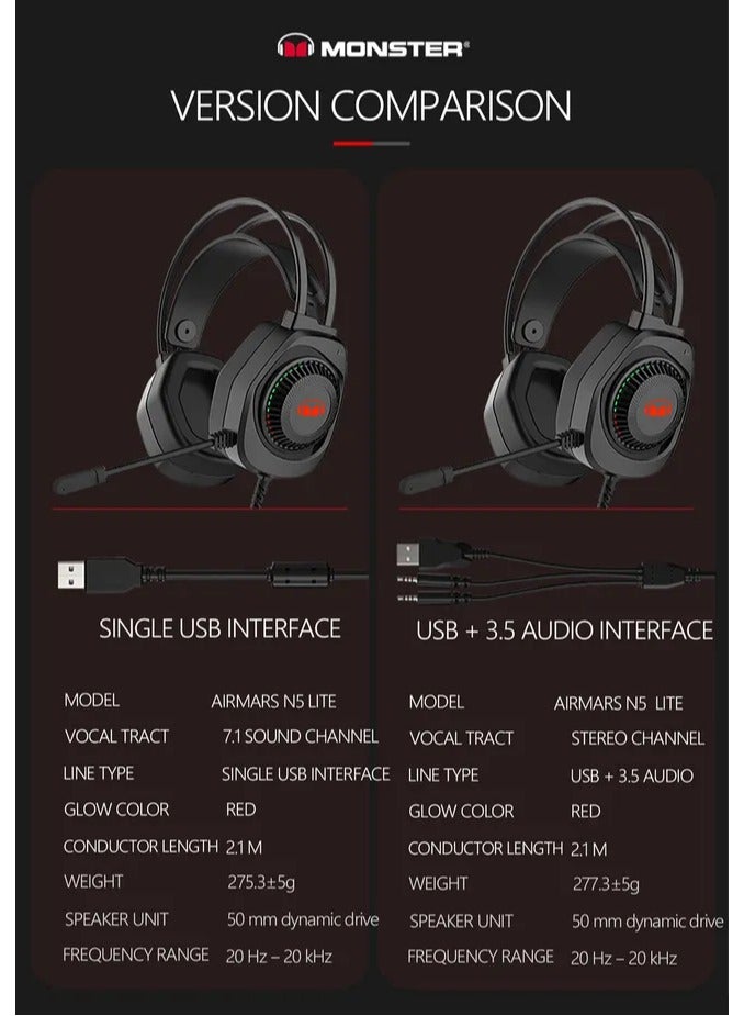 Airmars N5 Lite Gaming Headset USB 7.1 Surround Sound. Audio Interface with Noise Canceling Mic , Skin-friendly, Breathable Earcups For Lasting Comfort - Black