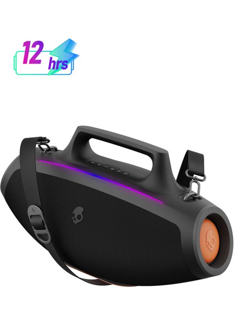 Barrel Bluetooth Boombox Speaker – Water-Resistant Wireless Portable Speaker, with LED Lightshow Mode, 12 Hour Battery, Multi-Link, & USB-C & USB-A Output Charging Black