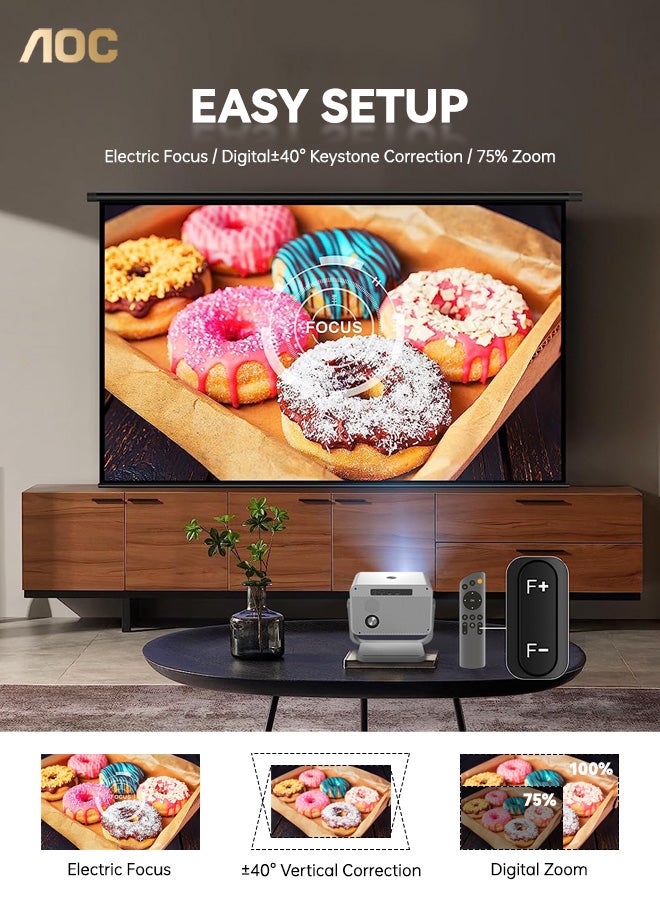 AOC - Mini Projector, Portable Projector 4K Support, 12000 Luemn/Electric Focus/Projector with Wifi and Bluetooth,Dust Removal and Heat Dissipation Design, Compatible with Android/PS5 for Home Theater XL3-300 Grey - Image 1