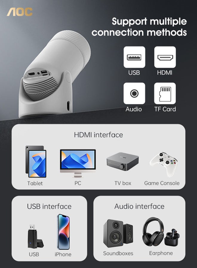 AOC - Mini Portable Projetor 4K Support ,1080P Full HD Home Theater Projector，Wi-Fi 6,Auto Keystone ,Bluetooth5,USB,HDMI, 180°Rotatable Telephone Projector,built-in 3W HiFi speakers,(with Remote Control) XL3-220 white - Image 1