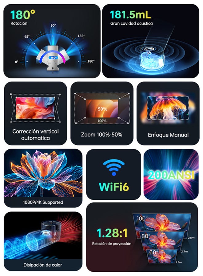AOC - Mini Portable Projetor 4K Support ,1080P Full HD Home Theater Projector，Wi-Fi 6,Auto Keystone ,Bluetooth5,USB,HDMI, 180°Rotatable Telephone Projector,built-in 3W HiFi speakers,(with Remote Control) XL3-220 white - Image 1