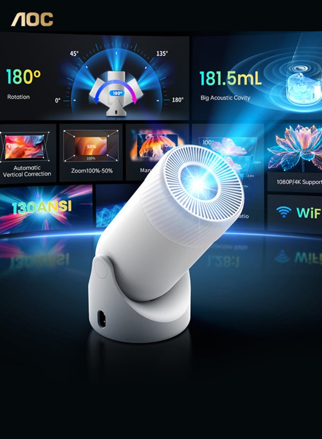 AOC - Mini Portable Projetor 4K Support ,1080P Full HD Home Theater Projector，Wi-Fi 6,Auto Keystone ,Bluetooth5,USB,HDMI, 180°Rotatable Telephone Projector,built-in 3W HiFi speakers,(with Remote Control) XL3-220 white - Image 1