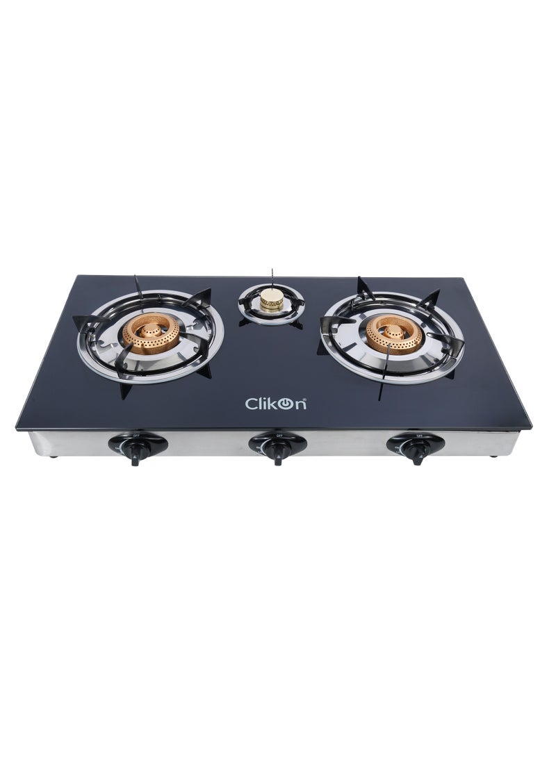 Clikon Triple Gas Burner with Tempered Glass - Auto-Piezo Ignition, SS Frme & Trayt And  Heat Resistant Knobs | Low Gas Consumption | Perfect for All Types of Kitchen CK4279 Black/Silver - Image 1