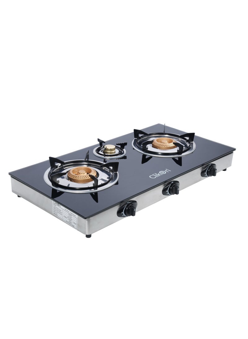 Clikon Triple Gas Burner with Tempered Glass - Auto-Piezo Ignition, SS Frme & Trayt And  Heat Resistant Knobs | Low Gas Consumption | Perfect for All Types of Kitchen CK4279 Black/Silver - Image 2