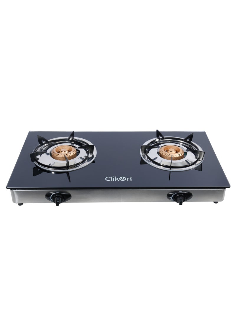 Clikon 2- Burner Glass Top Gas Cooker- Stainless Steel Frame and Tray, Double Burner Gas Stove with Low Gas Consumption and Improved Gas Flow for Efficient Heating, Auto-Piezo Ignition System CK4278 Black and Silver - Image 1