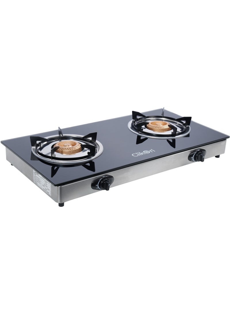 Clikon 2- Burner Glass Top Gas Cooker- Stainless Steel Frame and Tray, Double Burner Gas Stove with Low Gas Consumption and Improved Gas Flow for Efficient Heating, Auto-Piezo Ignition System CK4278 Black and Silver - Image 3