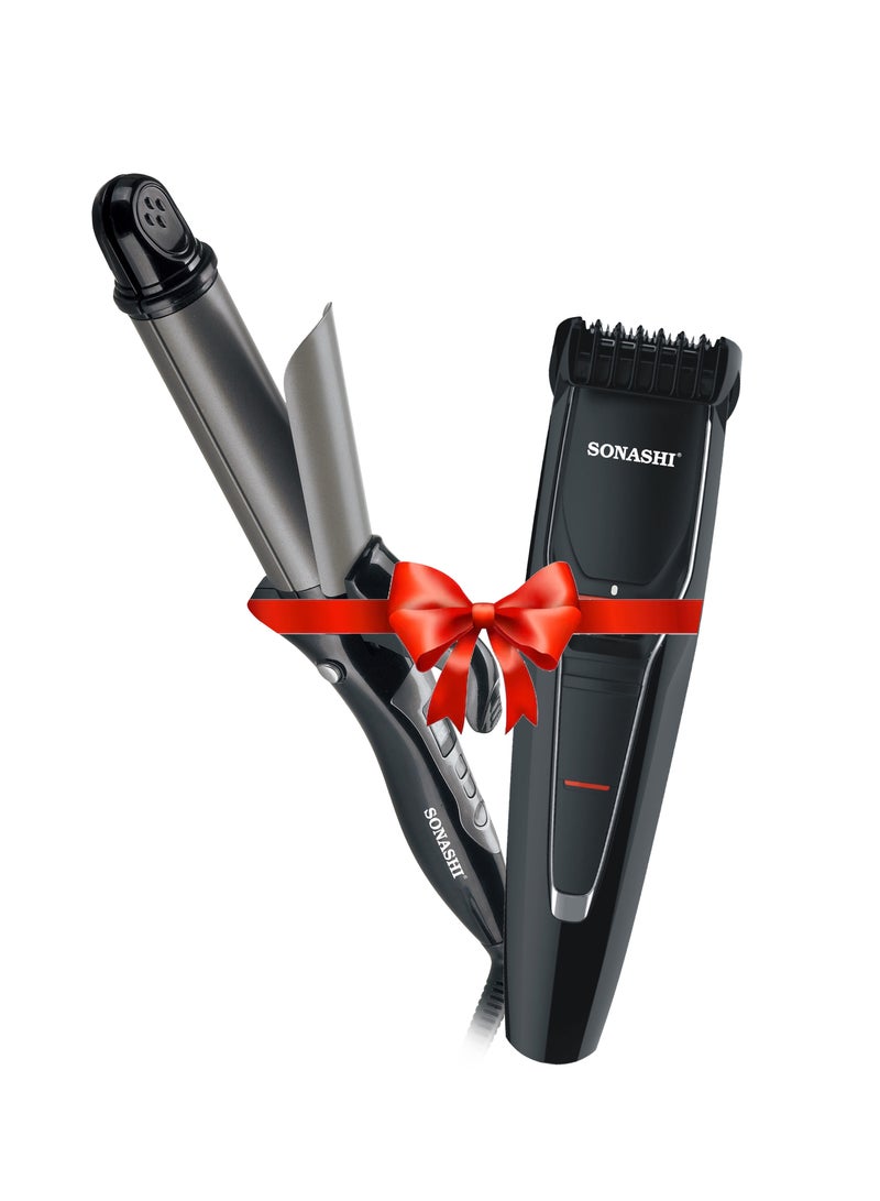 سوناشي 2 In 1 Hair Curler 45W With Powerful Hair Clipper 3W Combo | Curler With Led Display And Clipper With Magnetic Motor | Gifts For Men Women | Shc-3005 Black And Shc-1043 Black  - Image 1