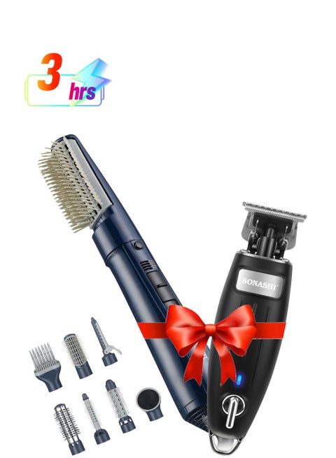 7-In-1 Hair Styler 550W With Rechargeable Hair Clipper 5W Combo | Styler With Detachable Brushes And 3 Hours Continuous Working Clipper | Gifts For Men Women | Shs-3034 Blue/Grey And Shc-1054 Black