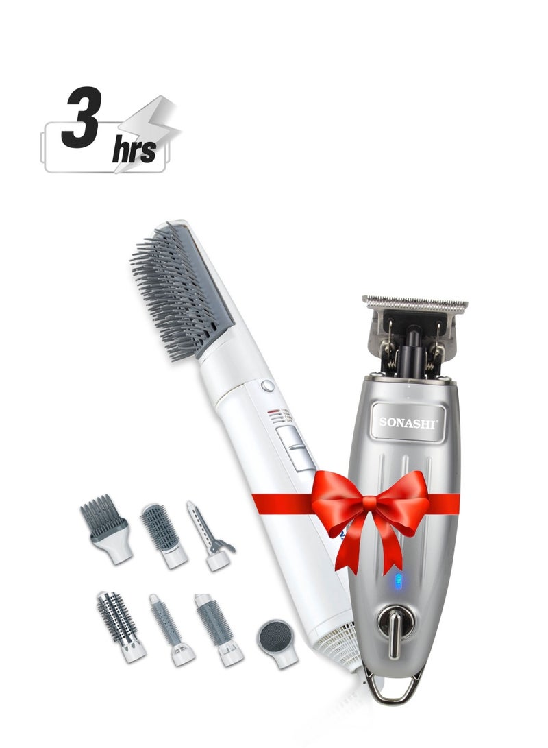 سوناشي 7-In-1 Hair Styler 550W With Rechargeable Hair Clipper 5W Combo | Styler With Detachable Brushes And 3 Hours Continuous Working Clipper | Gifts For Men Women | Shs-3034 White/Grey And Shc-1054 Silver  - Image 1