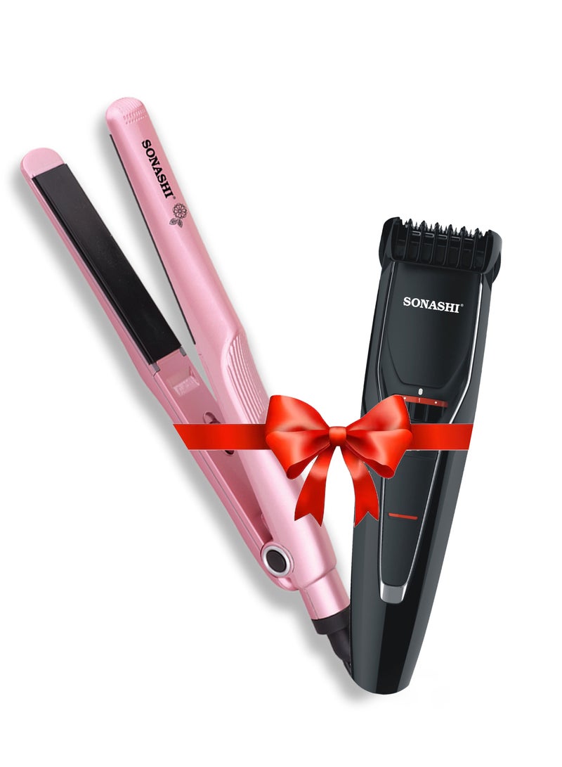 سوناشي Hair Straightener 39W With Powerful Hair Clipper 3W Combo | Premium Quality Hair Tools - For Long Lasting Experience | Gifts For Men Women | Shs-2068 Pink And Shc-1043 Pink & Black  - Image 1