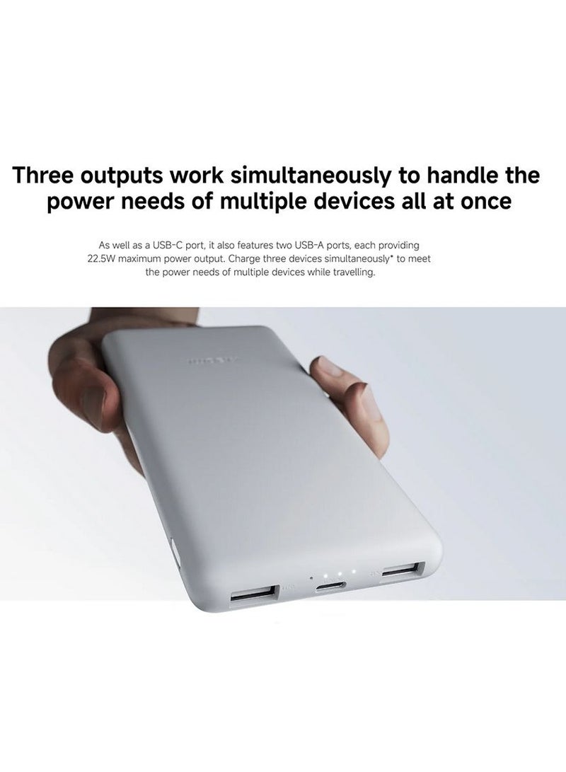 10000 mAh Power Bank Lite, 22.5W Fast Charging, USB-C & 2 USB Ports - Light Gray
