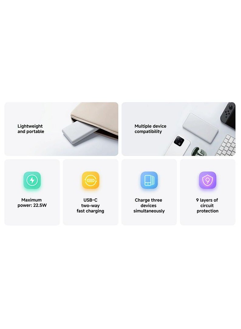 10000 mAh Power Bank Lite, 22.5W Fast Charging, USB-C & 2 USB Ports - Light Gray