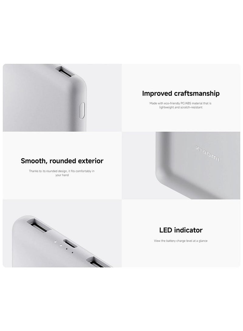 10000 mAh Power Bank Lite, 22.5W Fast Charging, USB-C & 2 USB Ports - Light Gray