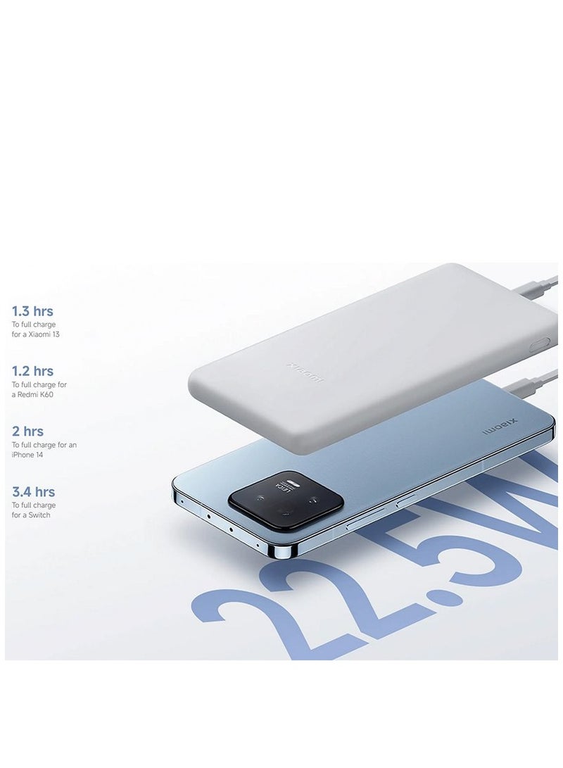 10000 mAh Power Bank Lite, 22.5W Fast Charging, USB-C & 2 USB Ports - Light Gray